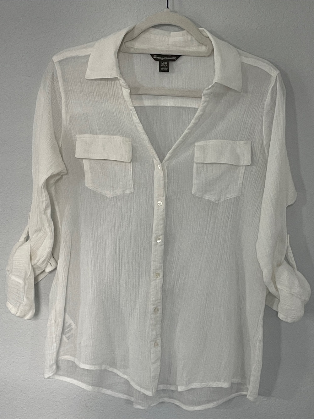 Tommy Bahama White 100% Cotton Gauze Roll Tab Button Up Shirt Medium